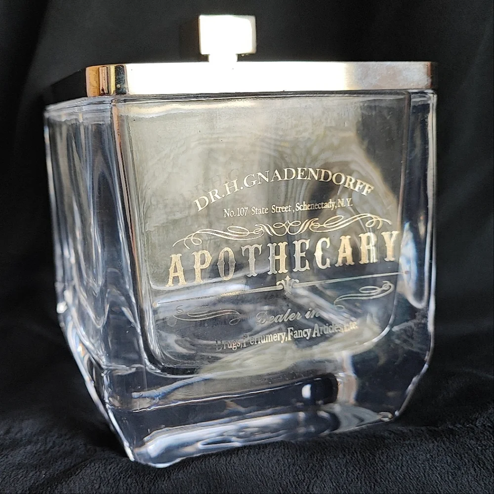 Heavy Glass Reproduction Apothecary Bath Jar Chrome Square Lid Metallic Writing